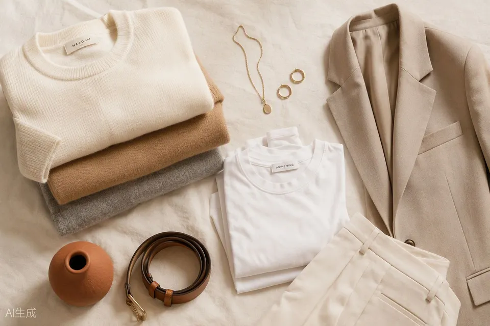 Neutral capsule wardrobe pieces arranged on a cream rail