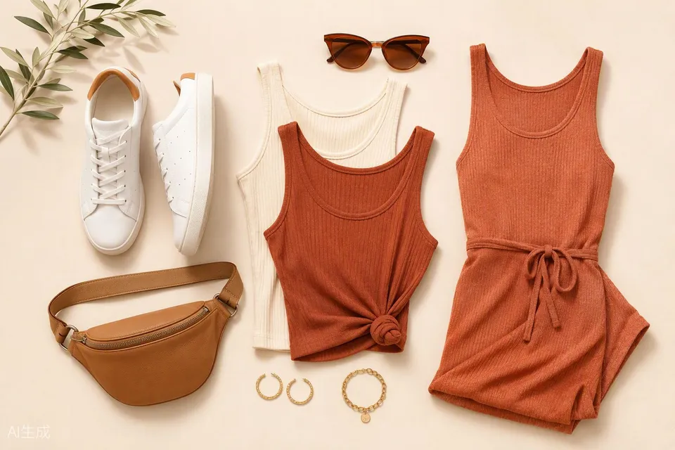 Amazon fashion finds laid flat — tanks, belt bag, dress
