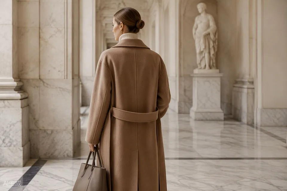 Quiet luxury outfit — camel coat, cream knit, no logos